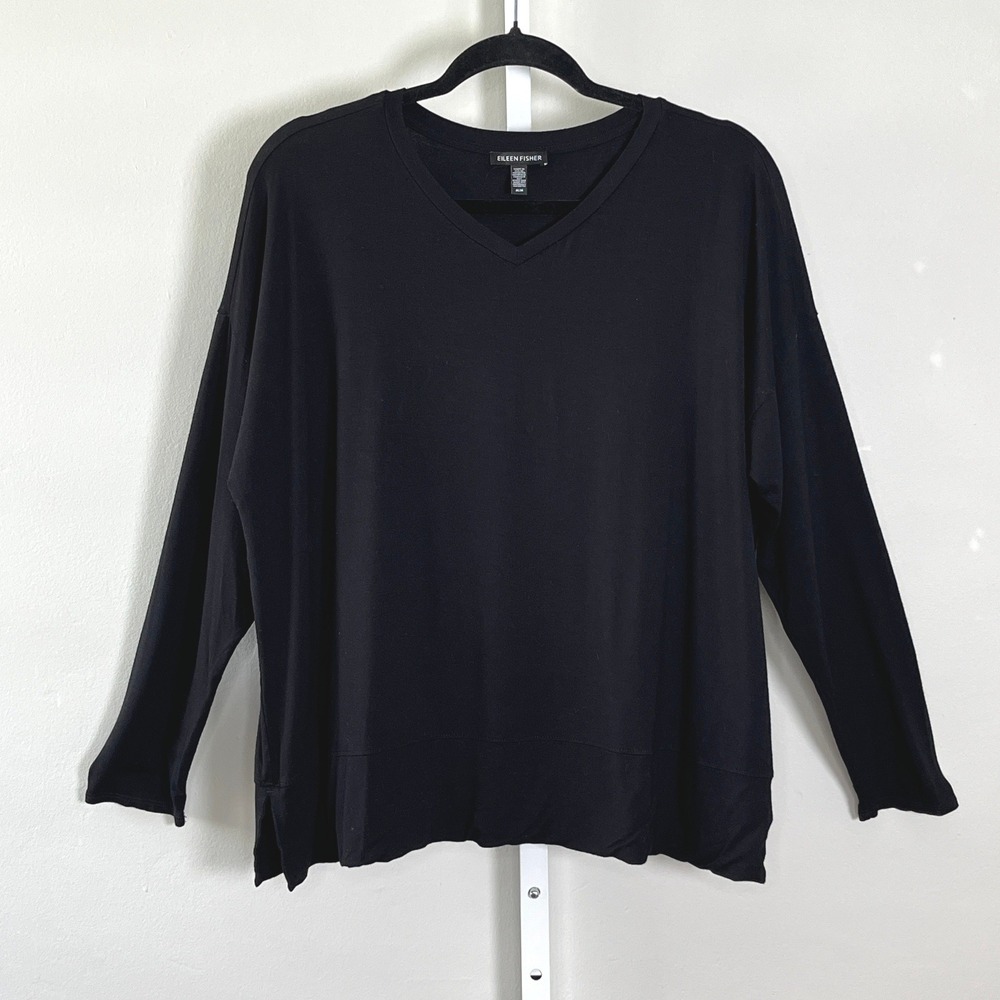 Eileen Fisher V-Neck Long Sleeve Top Women M Black Jersey Knit Minimalist Staple